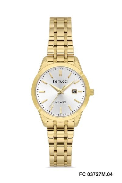 Ferrucci Modern ve Şık Kadın Kol Saati | 31 mm Çelik Kasa, Altın Metal Kordon, Gümüş Kadran