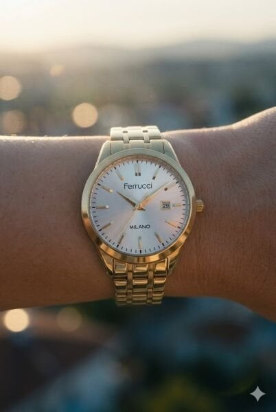 Ferrucci Modern ve Şık Kadın Kol Saati | 31 mm Çelik Kasa, Altın Metal Kordon, Gümüş Kadran