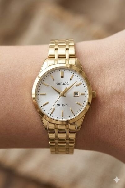 Ferrucci Modern ve Şık Kadın Kol Saati | 31 mm Çelik Kasa, Altın Metal Kordon, Gümüş Kadran