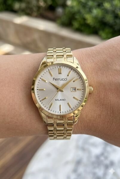 Ferrucci Modern ve Şık Kadın Kol Saati | 31 mm Çelik Kasa, Altın Metal Kordon, Gümüş Kadran