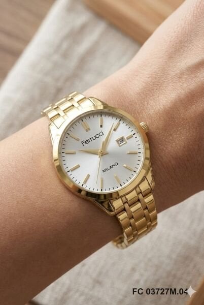 Ferrucci Modern ve Şık Kadın Kol Saati | 31 mm Çelik Kasa, Altın Metal Kordon, Gümüş Kadran