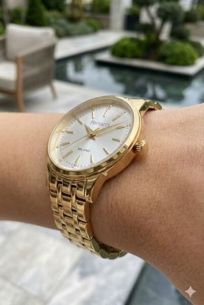 Ferrucci Şık Tasarım Kadın Kol Saati | 30 mm Çelik Kasa, Altın Metal Kordon, Gümüş Kadran