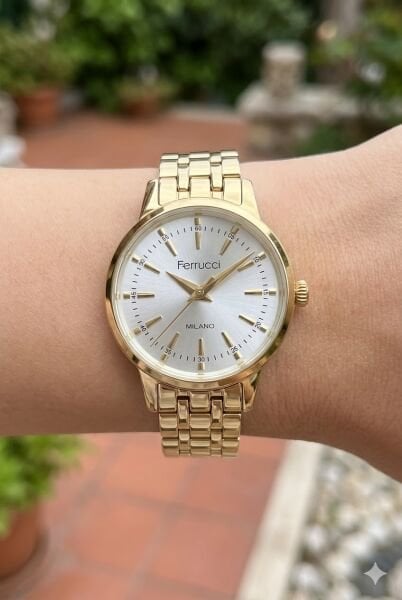 Ferrucci Şık Tasarım Kadın Kol Saati | 30 mm Çelik Kasa, Altın Metal Kordon, Gümüş Kadran