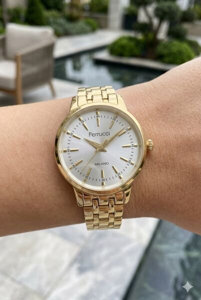 Ferrucci Şık Tasarım Kadın Kol Saati | 30 mm Çelik Kasa, Altın Metal Kordon, Gümüş Kadran
