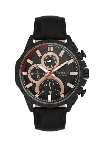 Ferrucci Siyah Spor Kasa Erkek Kol Saati | 45 mm Çelik Kasa, Siyah Deri Kordon, Siyah Kadran