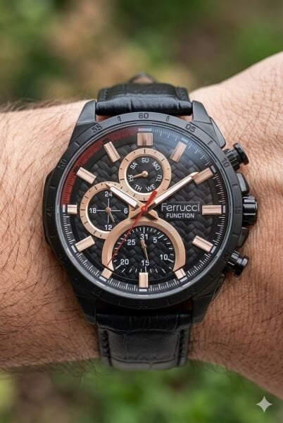 Ferrucci Siyah Spor Kasa Erkek Kol Saati | 45 mm Çelik Kasa, Siyah Deri Kordon, Siyah Kadran