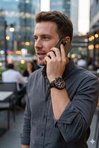 Ferrucci Siyah Spor Kasa Erkek Kol Saati | 45 mm Çelik Kasa, Siyah Deri Kordon, Siyah Kadran