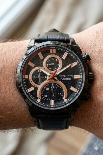 Ferrucci Siyah Spor Kasa Erkek Kol Saati | 45 mm Çelik Kasa, Siyah Deri Kordon, Siyah Kadran