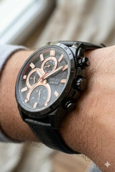 Ferrucci Siyah Spor Kasa Erkek Kol Saati | 45 mm Çelik Kasa, Siyah Deri Kordon, Siyah Kadran