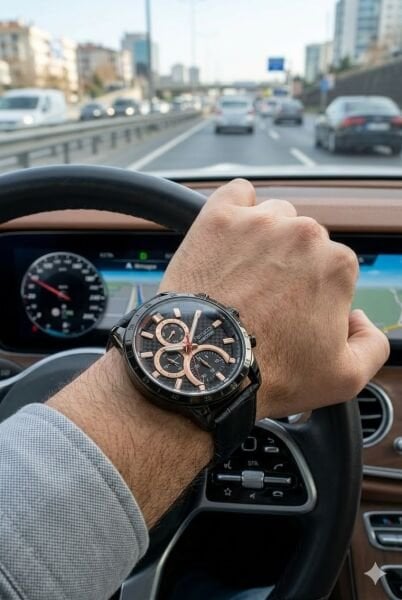 Ferrucci Siyah Spor Kasa Erkek Kol Saati | 45 mm Çelik Kasa, Siyah Deri Kordon, Siyah Kadran