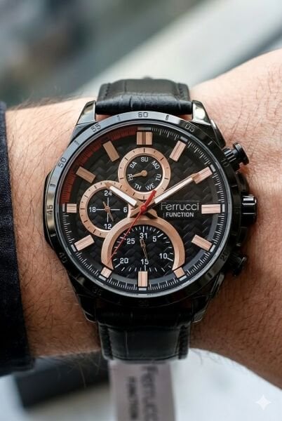 Ferrucci Siyah Spor Kasa Erkek Kol Saati | 45 mm Çelik Kasa, Siyah Deri Kordon, Siyah Kadran