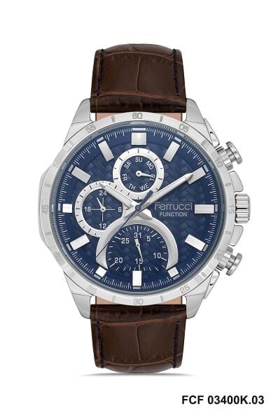 Ferrucci Spor ve Modern Kasa Erkek Kol Saati | 45 mm Çelik Kasa, Kahverengi Deri Kordon, Koyu Mavi Kadran