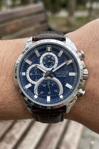 Ferrucci Spor ve Modern Kasa Erkek Kol Saati | 45 mm Çelik Kasa, Kahverengi Deri Kordon, Koyu Mavi Kadran