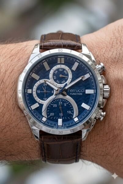 Ferrucci Spor ve Modern Kasa Erkek Kol Saati | 45 mm Çelik Kasa, Kahverengi Deri Kordon, Koyu Mavi Kadran