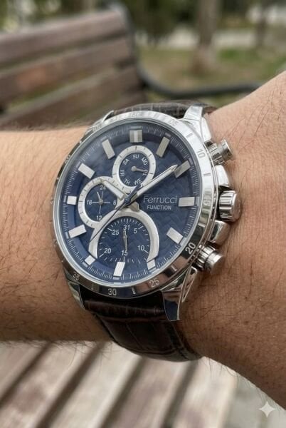 Ferrucci Spor ve Modern Kasa Erkek Kol Saati | 45 mm Çelik Kasa, Kahverengi Deri Kordon, Koyu Mavi Kadran