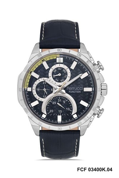 Ferrucci Spor ve Modern Erkek Kol Saati | 45 mm Çelik Kasa, Lacivert Deri Kordon, Koyu Mavi Kadran