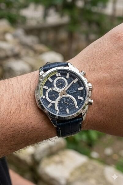 Ferrucci Spor ve Modern Erkek Kol Saati | 45 mm Çelik Kasa, Lacivert Deri Kordon, Koyu Mavi Kadran