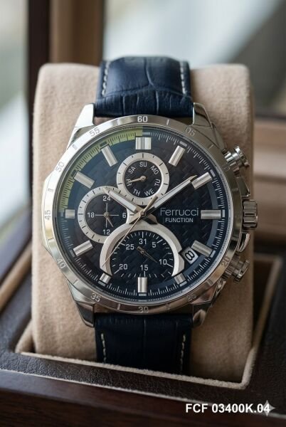 Ferrucci Spor ve Modern Erkek Kol Saati | 45 mm Çelik Kasa, Lacivert Deri Kordon, Koyu Mavi Kadran