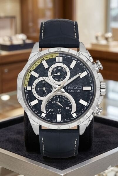Ferrucci Spor ve Modern Erkek Kol Saati | 45 mm Çelik Kasa, Lacivert Deri Kordon, Koyu Mavi Kadran