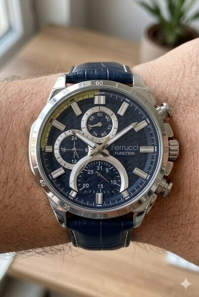 Ferrucci Spor ve Modern Erkek Kol Saati | 45 mm Çelik Kasa, Lacivert Deri Kordon, Koyu Mavi Kadran