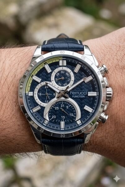 Ferrucci Spor ve Modern Erkek Kol Saati | 45 mm Çelik Kasa, Lacivert Deri Kordon, Koyu Mavi Kadran