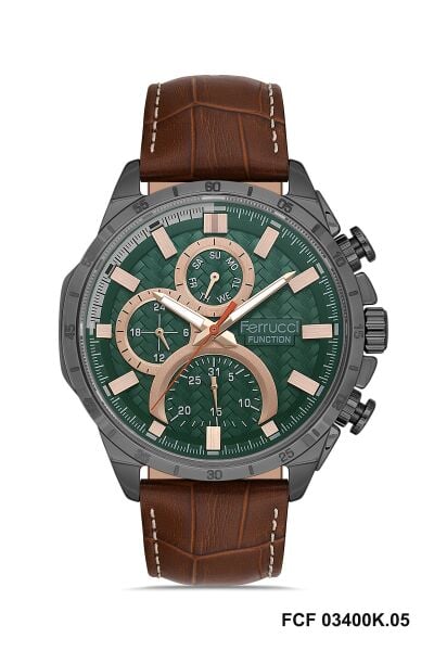 Ferrucci Modern Tasarım Erkek Kol Saati | 45 mm Çelik Kasa, Açık Kahverengi Deri Kordon, Yeşil Kadran