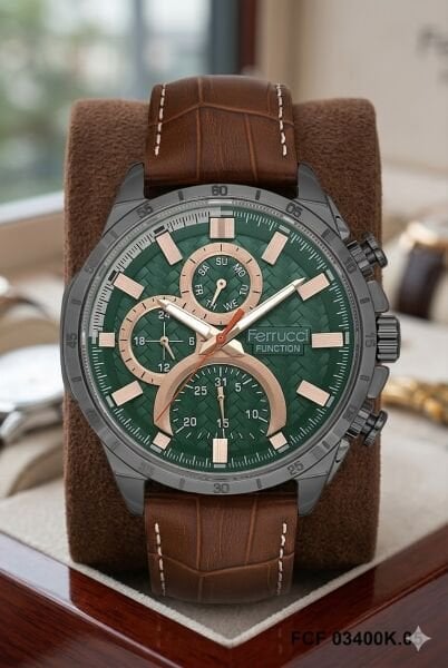 Ferrucci Modern Tasarım Erkek Kol Saati | 45 mm Çelik Kasa, Açık Kahverengi Deri Kordon, Yeşil Kadran