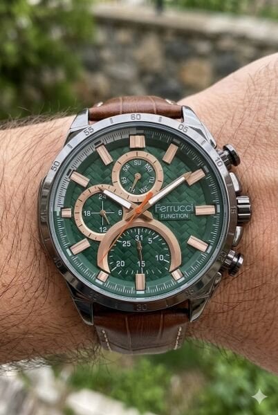 Ferrucci Modern Tasarım Erkek Kol Saati | 45 mm Çelik Kasa, Açık Kahverengi Deri Kordon, Yeşil Kadran