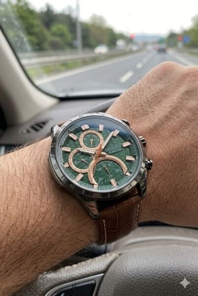 Ferrucci Modern Tasarım Erkek Kol Saati | 45 mm Çelik Kasa, Açık Kahverengi Deri Kordon, Yeşil Kadran