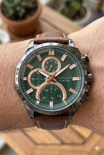 Ferrucci Modern Tasarım Erkek Kol Saati | 45 mm Çelik Kasa, Açık Kahverengi Deri Kordon, Yeşil Kadran