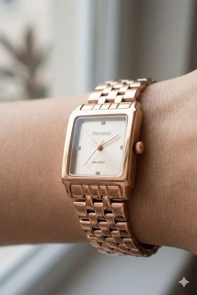 Ferrucci Rose Kare Kasa Kadın Kol Saati | 24 mm Çelik Kasa, Rose Metal Kordon, Rose Kadran