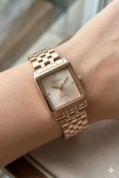 Ferrucci Rose Kare Kasa Kadın Kol Saati | 24 mm Çelik Kasa, Rose Metal Kordon, Rose Kadran