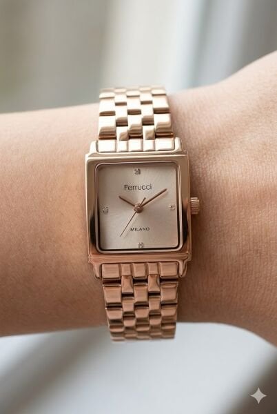 Ferrucci Rose Kare Kasa Kadın Kol Saati | 24 mm Çelik Kasa, Rose Metal Kordon, Rose Kadran