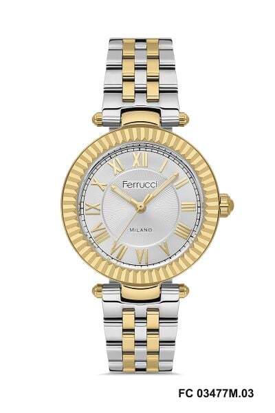 Ferrucci Şık Tasarım Kadın Kol Saati | 35 mm Çelik Kasa, Altın Gümüş Metal Kordon, Gümüş Kadran