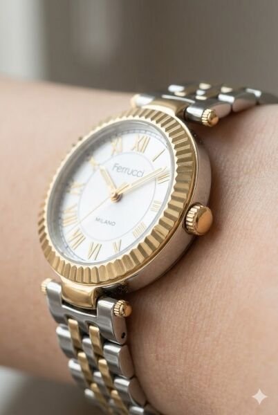 Ferrucci Şık Tasarım Kadın Kol Saati | 35 mm Çelik Kasa, Altın Gümüş Metal Kordon, Gümüş Kadran