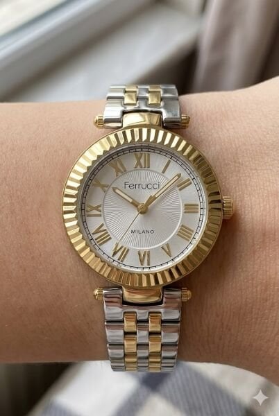 Ferrucci Şık Tasarım Kadın Kol Saati | 35 mm Çelik Kasa, Altın Gümüş Metal Kordon, Gümüş Kadran