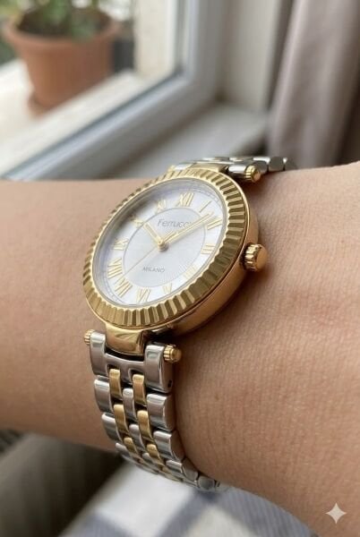 Ferrucci Şık Tasarım Kadın Kol Saati | 35 mm Çelik Kasa, Altın Gümüş Metal Kordon, Gümüş Kadran