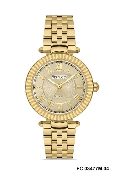 Ferrucci Altın Yuvarlak Kasa Kadın Kol Saati | 35 mm Çelik Kasa, Altın Metal Kordon, Altın Kadran