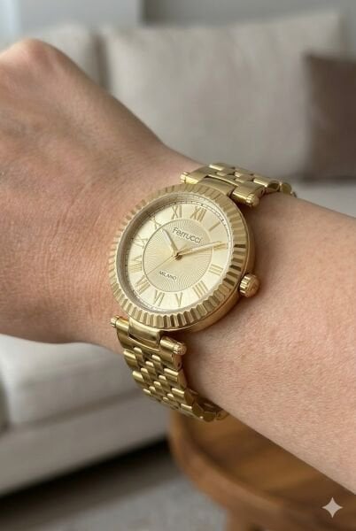 Ferrucci Altın Yuvarlak Kasa Kadın Kol Saati | 35 mm Çelik Kasa, Altın Metal Kordon, Altın Kadran