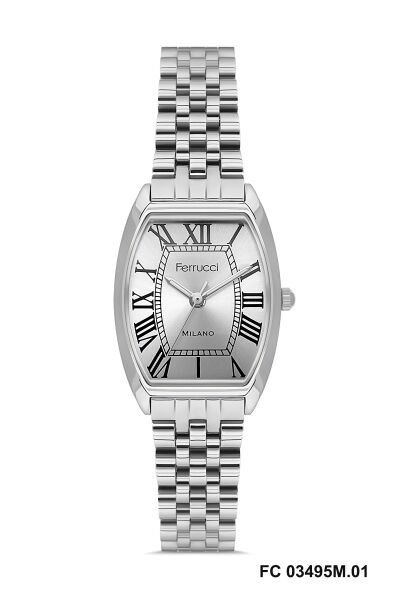 Ferrucci Dikdörtgen Kasa Kadın Kol Saati | 28 mm Çelik Kasa, Gümüş Metal Kordon, Gümüş Kadran