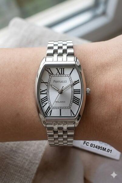 Ferrucci Dikdörtgen Kasa Kadın Kol Saati | 28 mm Çelik Kasa, Gümüş Metal Kordon, Gümüş Kadran