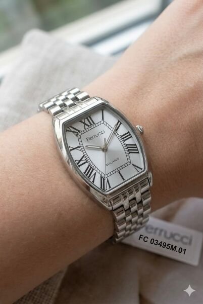 Ferrucci Dikdörtgen Kasa Kadın Kol Saati | 28 mm Çelik Kasa, Gümüş Metal Kordon, Gümüş Kadran