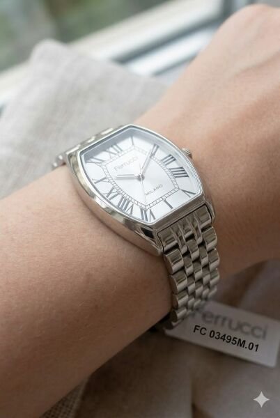 Ferrucci Dikdörtgen Kasa Kadın Kol Saati | 28 mm Çelik Kasa, Gümüş Metal Kordon, Gümüş Kadran