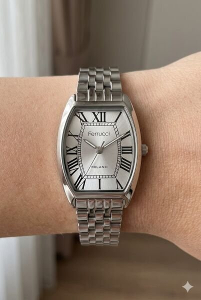 Ferrucci Dikdörtgen Kasa Kadın Kol Saati | 28 mm Çelik Kasa, Gümüş Metal Kordon, Gümüş Kadran