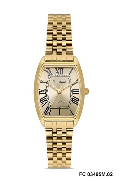 Ferrucci Dikdörtgen Kasa Kadın Kol Saati | 28 mm Çelik Kasa, Altın Metal Kordon, Altın Kadran