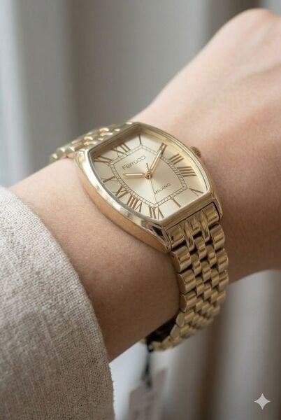 Ferrucci Dikdörtgen Kasa Kadın Kol Saati | 28 mm Çelik Kasa, Altın Metal Kordon, Altın Kadran