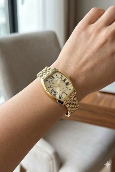 Ferrucci Dikdörtgen Kasa Kadın Kol Saati | 28 mm Çelik Kasa, Altın Metal Kordon, Altın Kadran