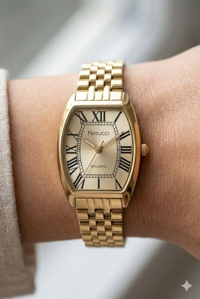 Ferrucci Dikdörtgen Kasa Kadın Kol Saati | 28 mm Çelik Kasa, Altın Metal Kordon, Altın Kadran