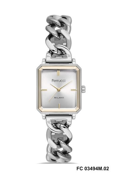 Ferrucci Gümüş Kare Kasa Kadın Kol Saati | 25 mm Çelik Kasa, Gümüş Metal Kordon, Gümüş Kadran