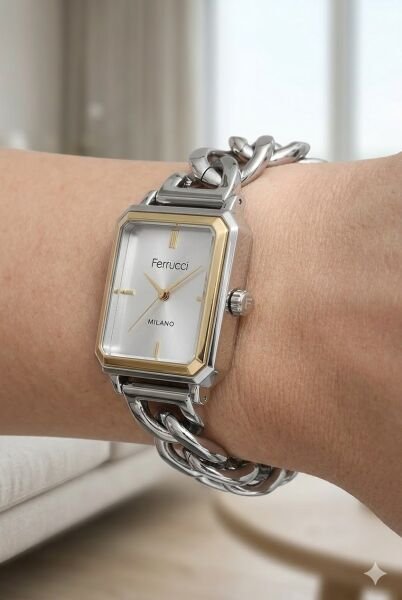 Ferrucci Gümüş Kare Kasa Kadın Kol Saati | 25 mm Çelik Kasa, Gümüş Metal Kordon, Gümüş Kadran